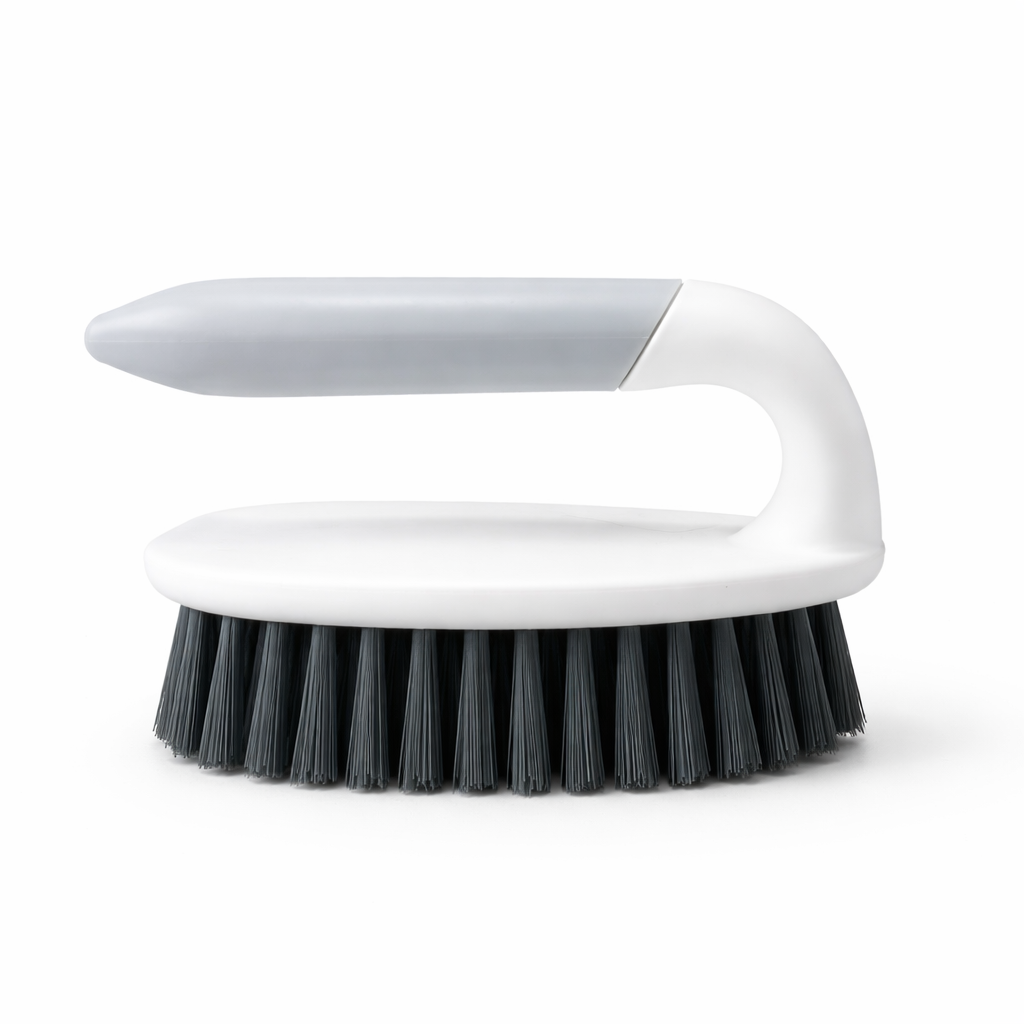 Zidello Premium Iron Scrub Brush with durable stiff bristles cleaning dirty tiled floor grout, ergonomic non-slip handle for deep cleaning bathrooms, kitchens, and tough stains.