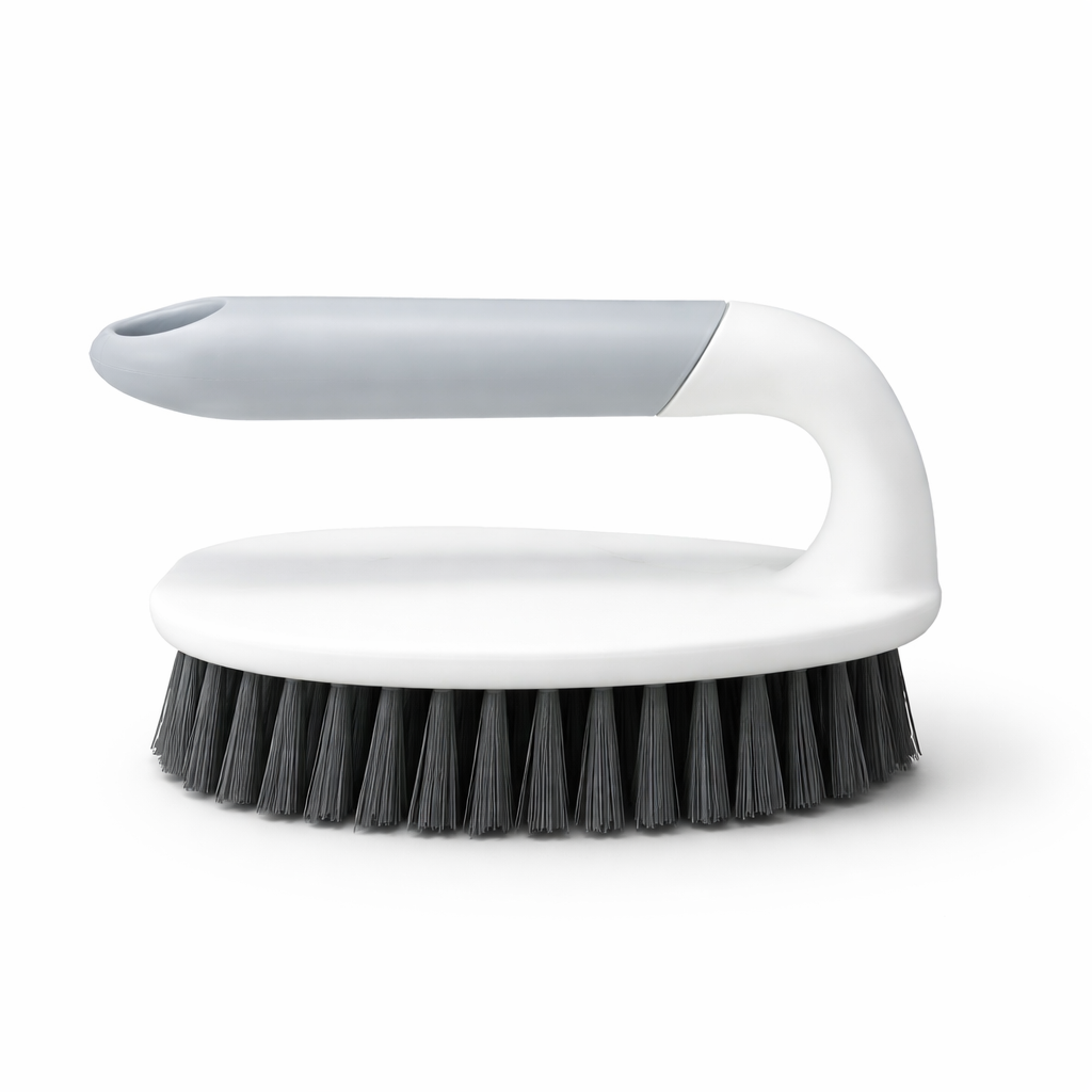 Zidello Premium Iron Scrub Brush with durable stiff bristles cleaning dirty tiled floor grout, ergonomic non-slip handle for deep cleaning bathrooms, kitchens, and tough stains.