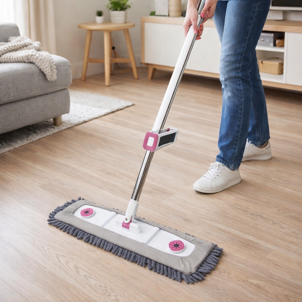 Zidello Self-Wring Chenille Microfiber Flat Mop with adjustable stainless steel handle and ultra-absorbent grey mop head for efficient wet and dry floor cleaning on tiles, wood, and marble surfaces.