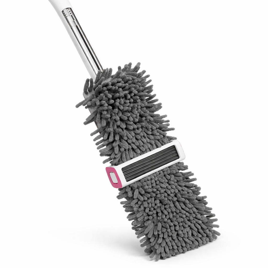 Zidello Self-Wring Chenille Microfiber Flat Mop with adjustable stainless steel handle and ultra-absorbent grey mop head for efficient wet and dry floor cleaning on tiles, wood, and marble surfaces.