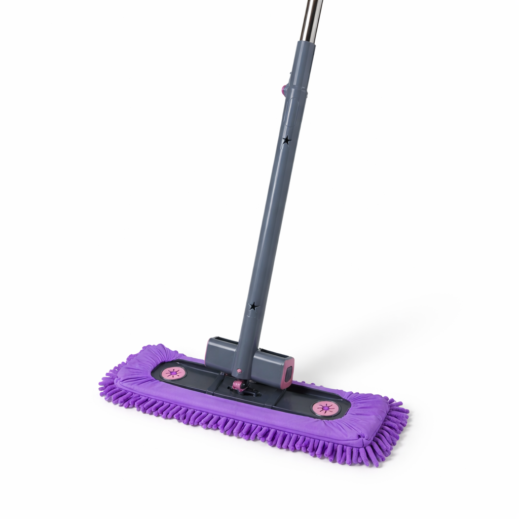 Zidello Self-Wring Chenille Microfiber Flat Mop with adjustable stainless steel handle and ultra-absorbent grey mop head for efficient wet and dry floor cleaning on tiles, wood, and marble surfaces.