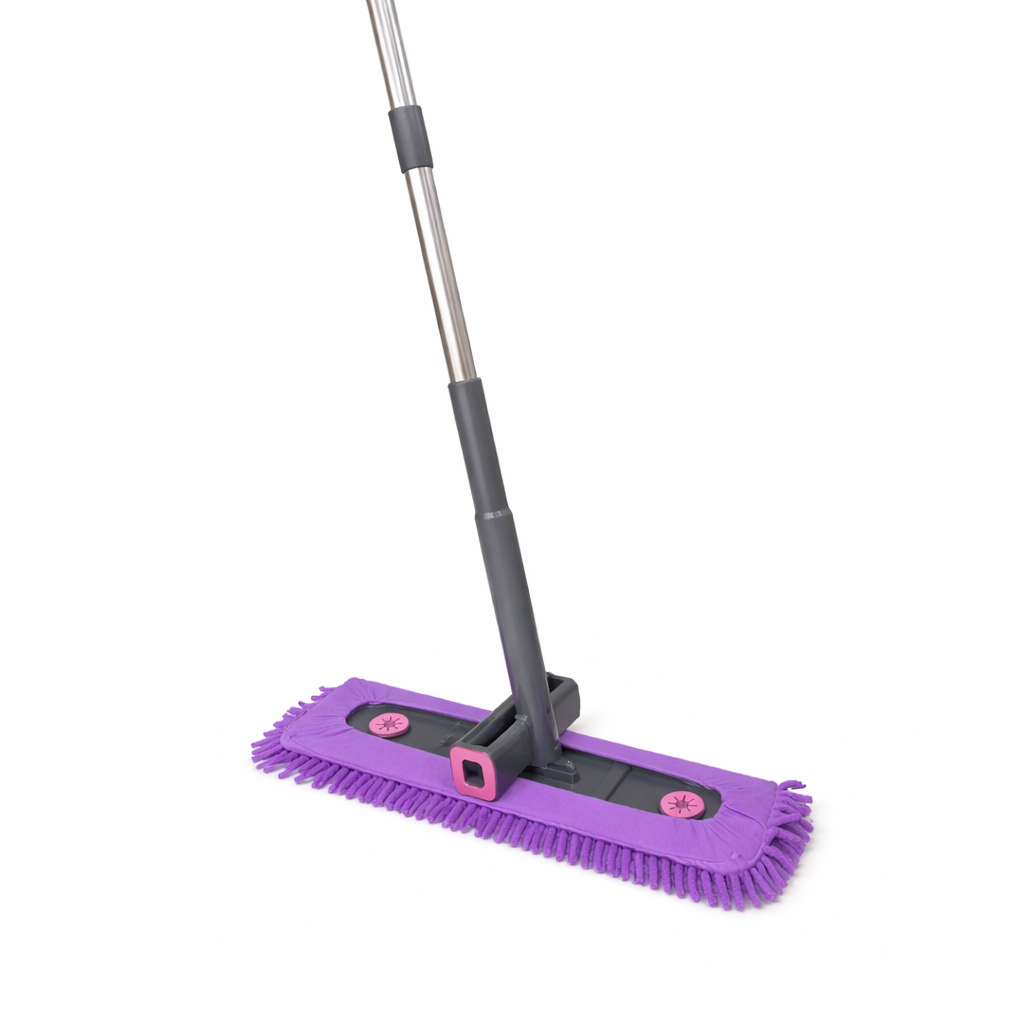 Zidello Self-Wring Chenille Microfiber Flat Mop with adjustable stainless steel handle and ultra-absorbent grey mop head for efficient wet and dry floor cleaning on tiles, wood, and marble surfaces.