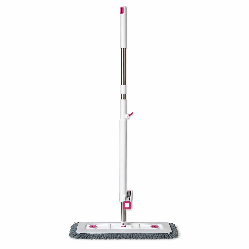 Zidello Self-Wring Chenille Microfiber Flat Mop with adjustable stainless steel handle and ultra-absorbent grey mop head for efficient wet and dry floor cleaning on tiles, wood, and marble surfaces.
