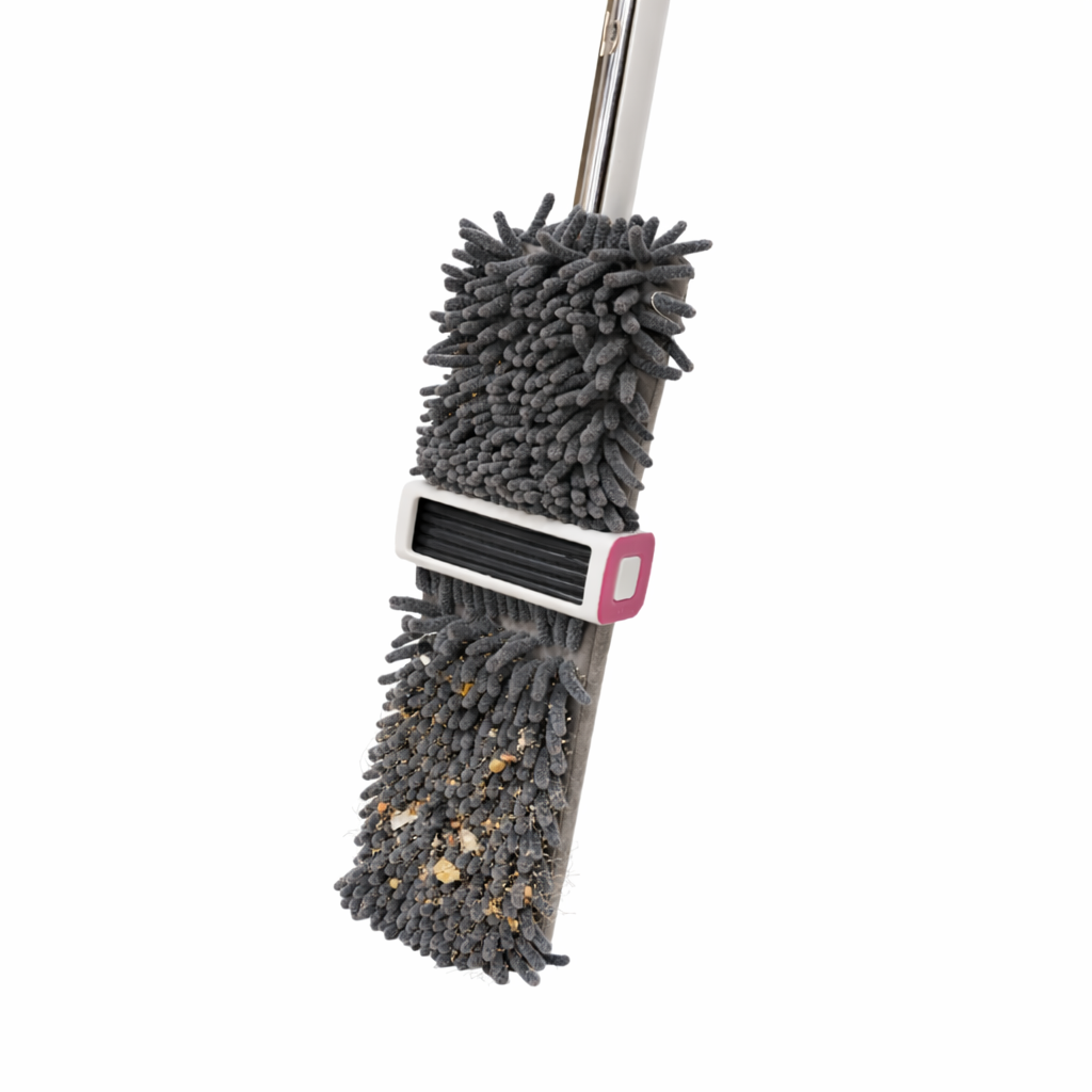 Zidello Self-Wring Chenille Microfiber Flat Mop with adjustable stainless steel handle and ultra-absorbent grey mop head for efficient wet and dry floor cleaning on tiles, wood, and marble surfaces.