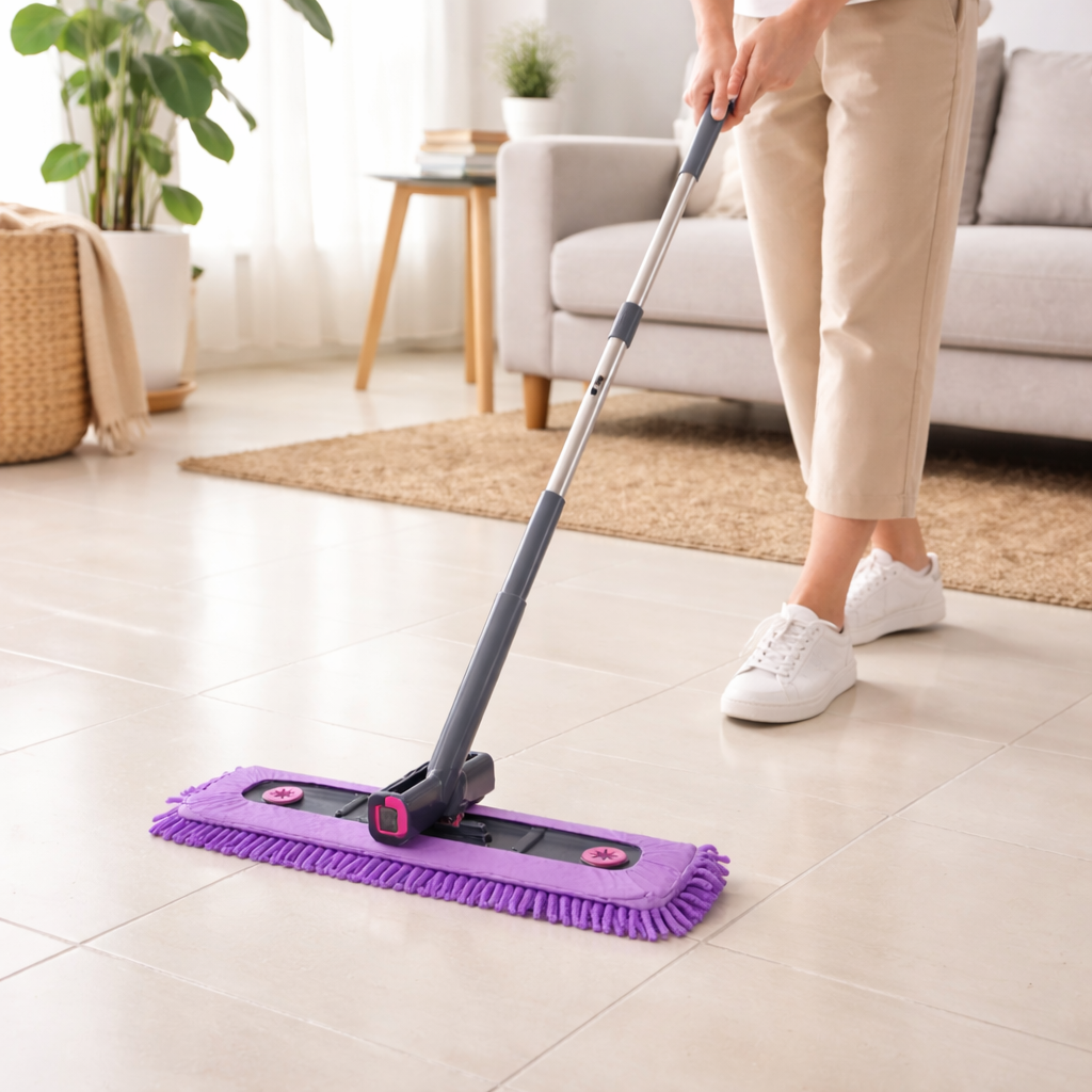 Zidello Self-Wring Chenille Microfiber Flat Mop with adjustable stainless steel handle and ultra-absorbent grey mop head for efficient wet and dry floor cleaning on tiles, wood, and marble surfaces.