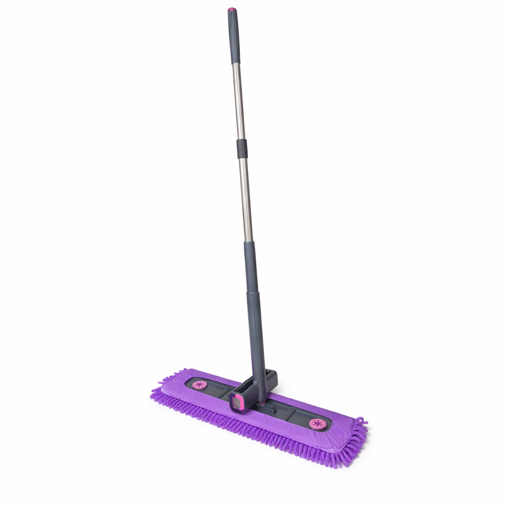 Zidello Self-Wring Chenille Microfiber Flat Mop with adjustable stainless steel handle and ultra-absorbent grey mop head for efficient wet and dry floor cleaning on tiles, wood, and marble surfaces.
