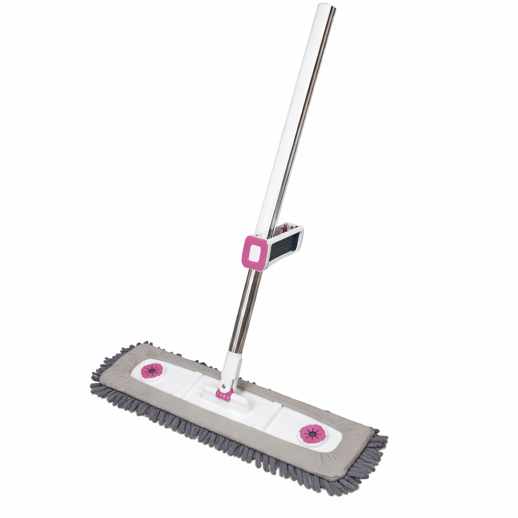 Zidello Self-Wring Chenille Microfiber Flat Mop with adjustable stainless steel handle and ultra-absorbent grey mop head for efficient wet and dry floor cleaning on tiles, wood, and marble surfaces.