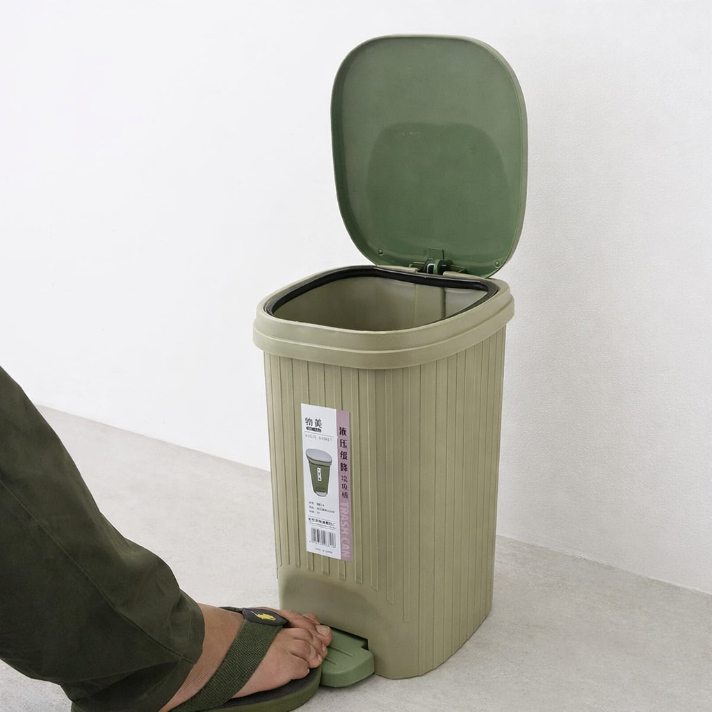 Zidello Soft Closing Pedal Bin Rectangular Design – durable plastic trash can with foot pedal, silent lid closure, modern ribbed texture, compact waste bin for kitchen, bathroom, or office use in green finish