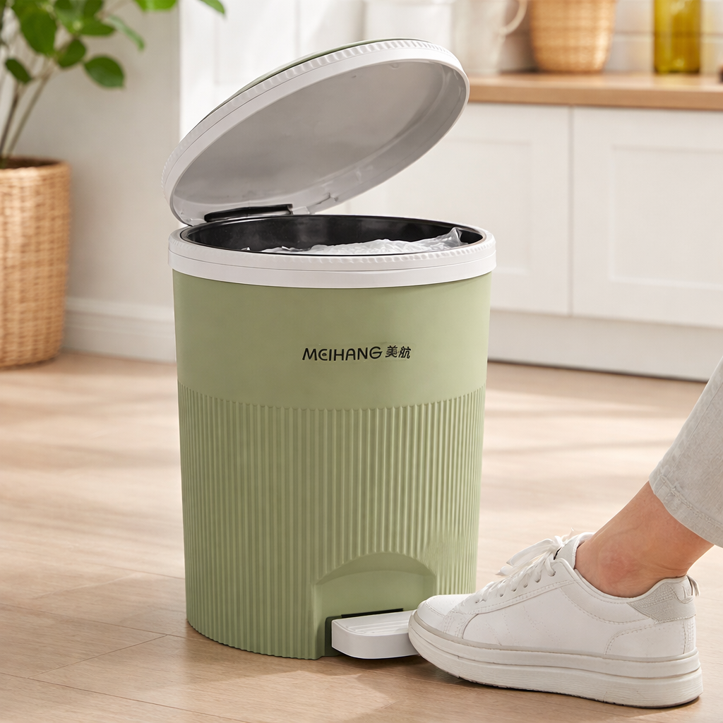 Zidello cylindrical pedal dustbin with soft-closing lid, ribbed design, hands-free operation, large capacity trash bin