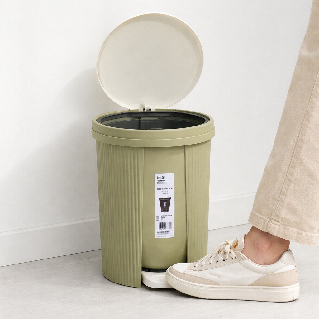 Zidello oval design soft-closing pedal dustbin with modern ribbed body, durable plastic build, and hands-free foot pedal lid for hygienic use in home or office interiors.