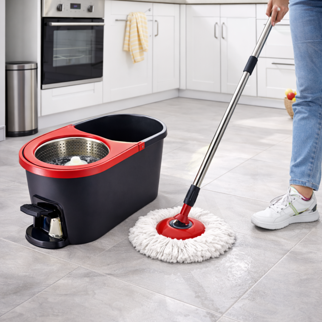 Zidello spin mop bucket set with foot pedal wringer, stainless steel spinner basket and microfiber mop head, ideal for easy floor cleaning at home with hands-free wringing system