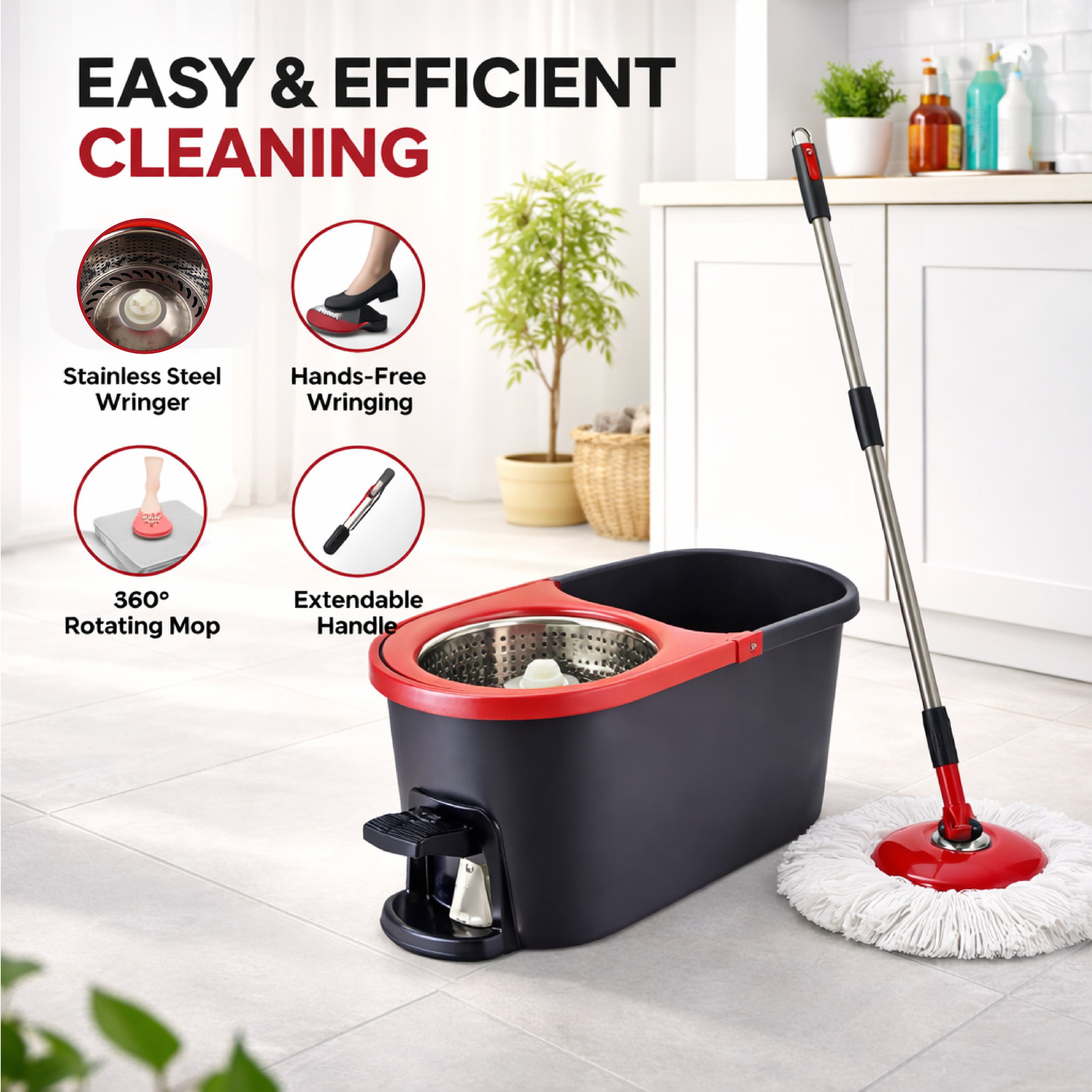 Zidello spin mop bucket set with foot pedal wringer, stainless steel spinner basket and microfiber mop head, ideal for easy floor cleaning at home with hands-free wringing system