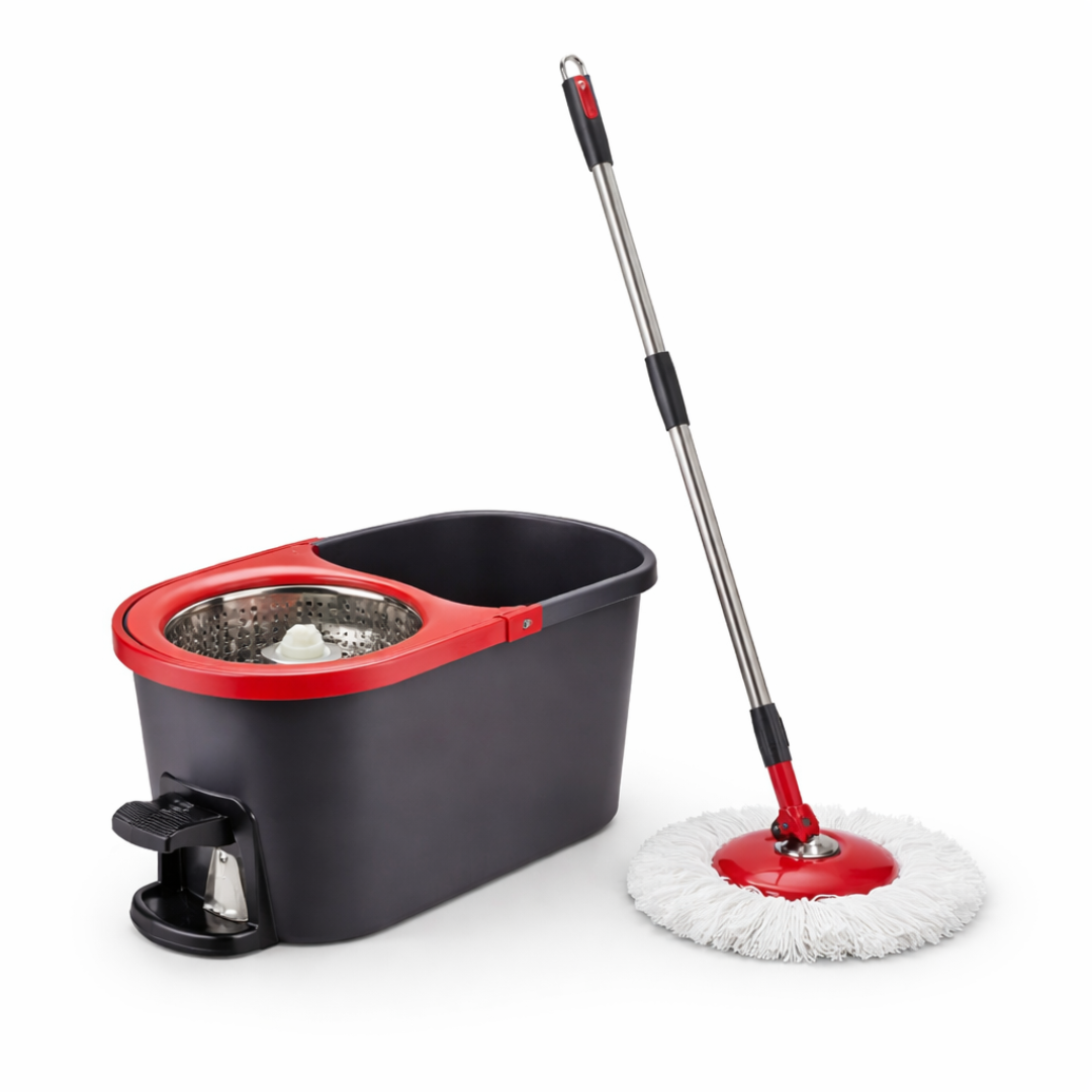 Zidello spin mop bucket set with foot pedal wringer, stainless steel spinner basket and microfiber mop head, ideal for easy floor cleaning at home with hands-free wringing system