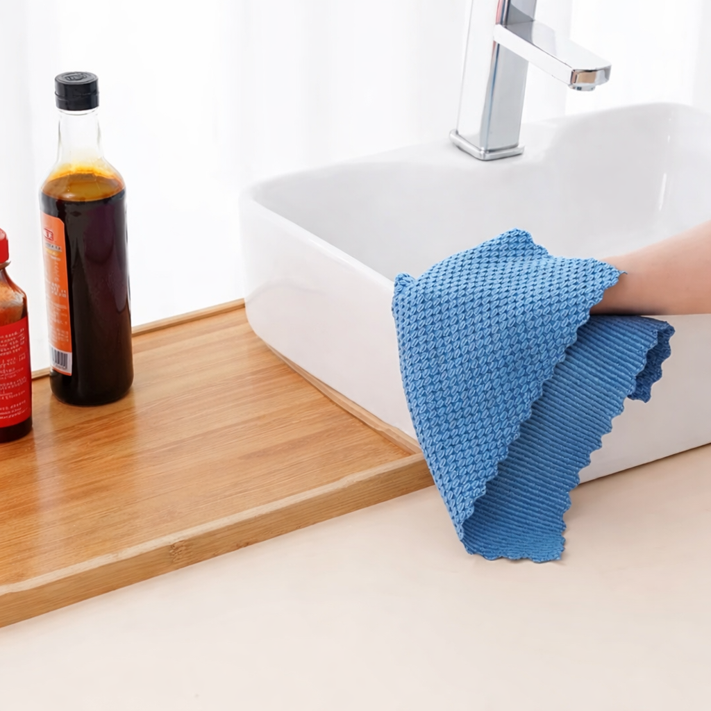 Zidello Super Absorbent Kitchen Towels Pack of 3 – textured microfiber cleaning cloths in orange, blue, and grey, soft, durable, and highly absorbent for kitchen cleaning and wiping tasks.