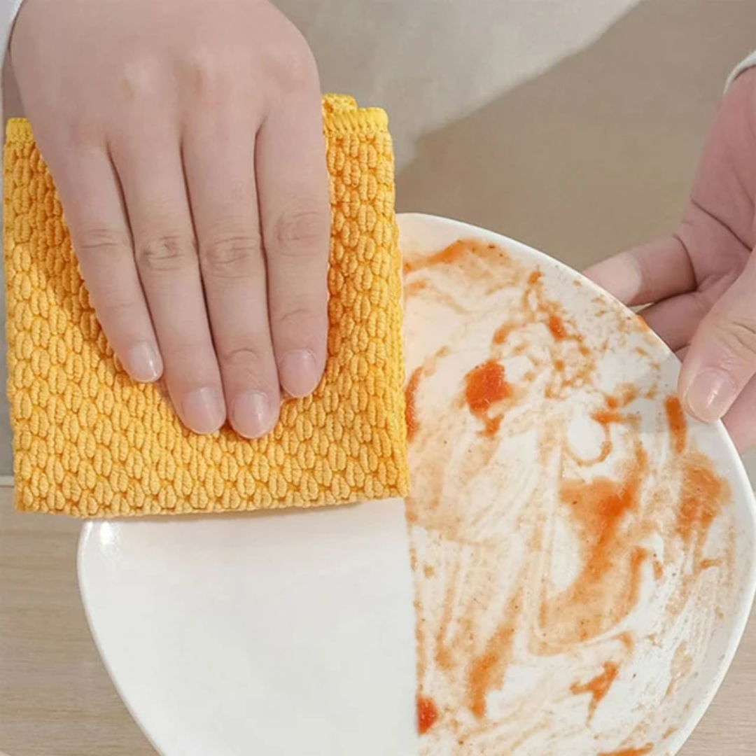 Zidello Super Absorbent Kitchen Towels Pack of 3 – textured microfiber cleaning cloths in orange, blue, and grey, soft, durable, and highly absorbent for kitchen cleaning and wiping tasks.