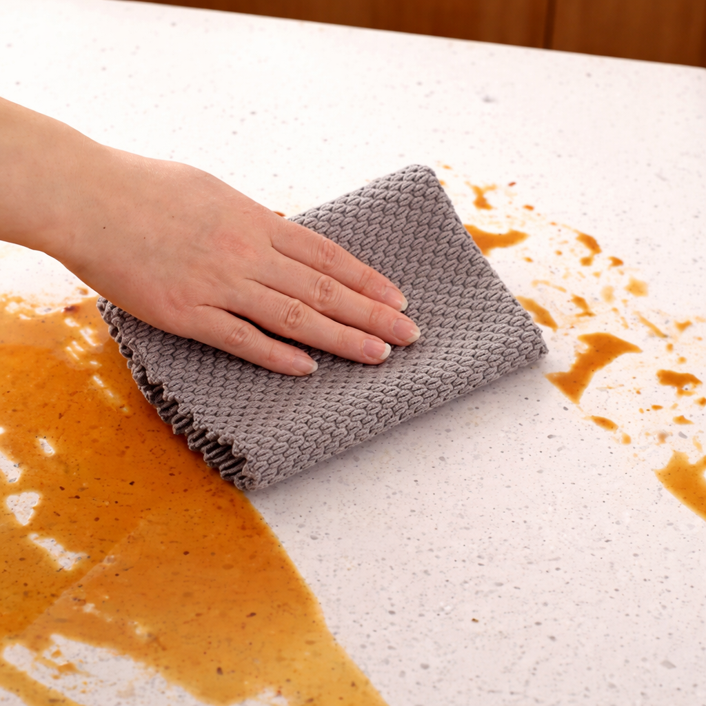 Zidello Super Absorbent Kitchen Towels Pack of 3 – textured microfiber cleaning cloths in orange, blue, and grey, soft, durable, and highly absorbent for kitchen cleaning and wiping tasks.