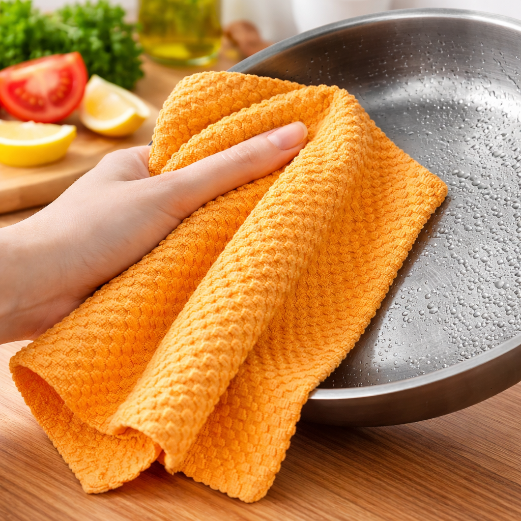 Zidello Super Absorbent Kitchen Towels Pack of 3 – textured microfiber cleaning cloths in orange, blue, and grey, soft, durable, and highly absorbent for kitchen cleaning and wiping tasks.