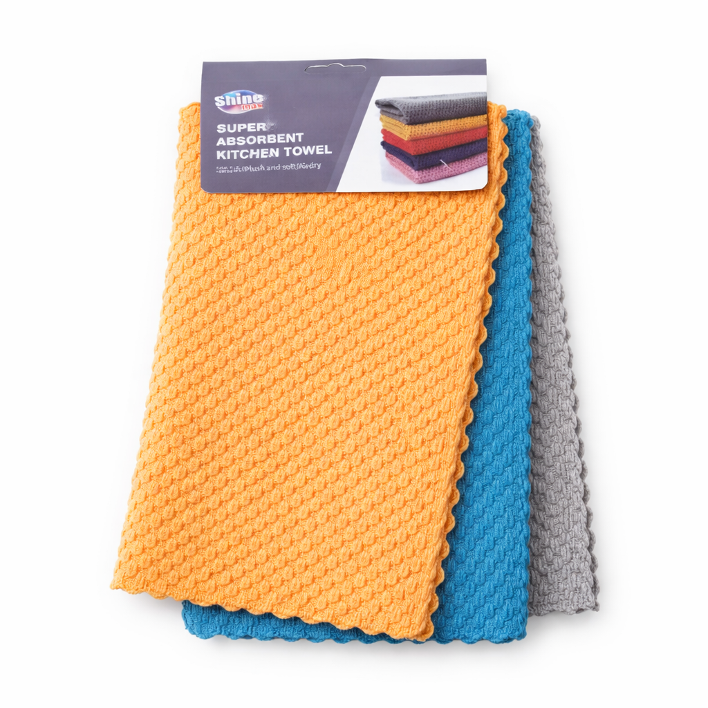 Zidello Super Absorbent Kitchen Towels Pack of 3 – textured microfiber cleaning cloths in orange, blue, and grey, soft, durable, and highly absorbent for kitchen cleaning and wiping tasks.