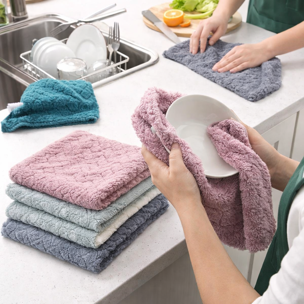 Zidello Ultra-Soft Microfiber Kitchen Towels Pack of 5, highly absorbent reusable dish cloths in multicolor, plush quick-dry cleaning towels for kitchen, dishes, countertops, and home use.