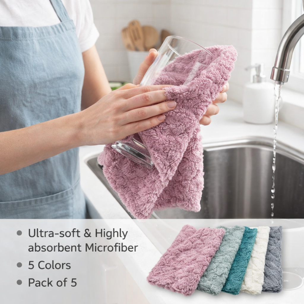 Zidello Ultra-Soft Microfiber Kitchen Towels Pack of 5, highly absorbent reusable dish cloths in multicolor, plush quick-dry cleaning towels for kitchen, dishes, countertops, and home use.