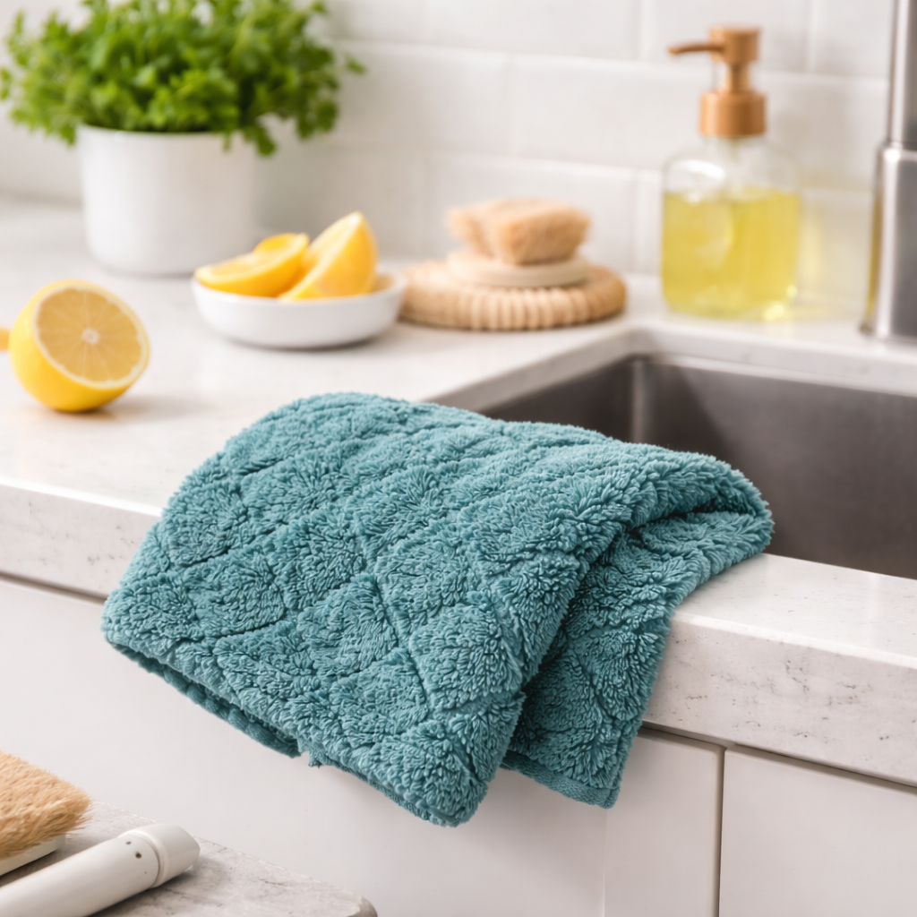 Zidello Ultra-Soft Microfiber Kitchen Towels Pack of 5, highly absorbent reusable dish cloths in multicolor, plush quick-dry cleaning towels for kitchen, dishes, countertops, and home use.