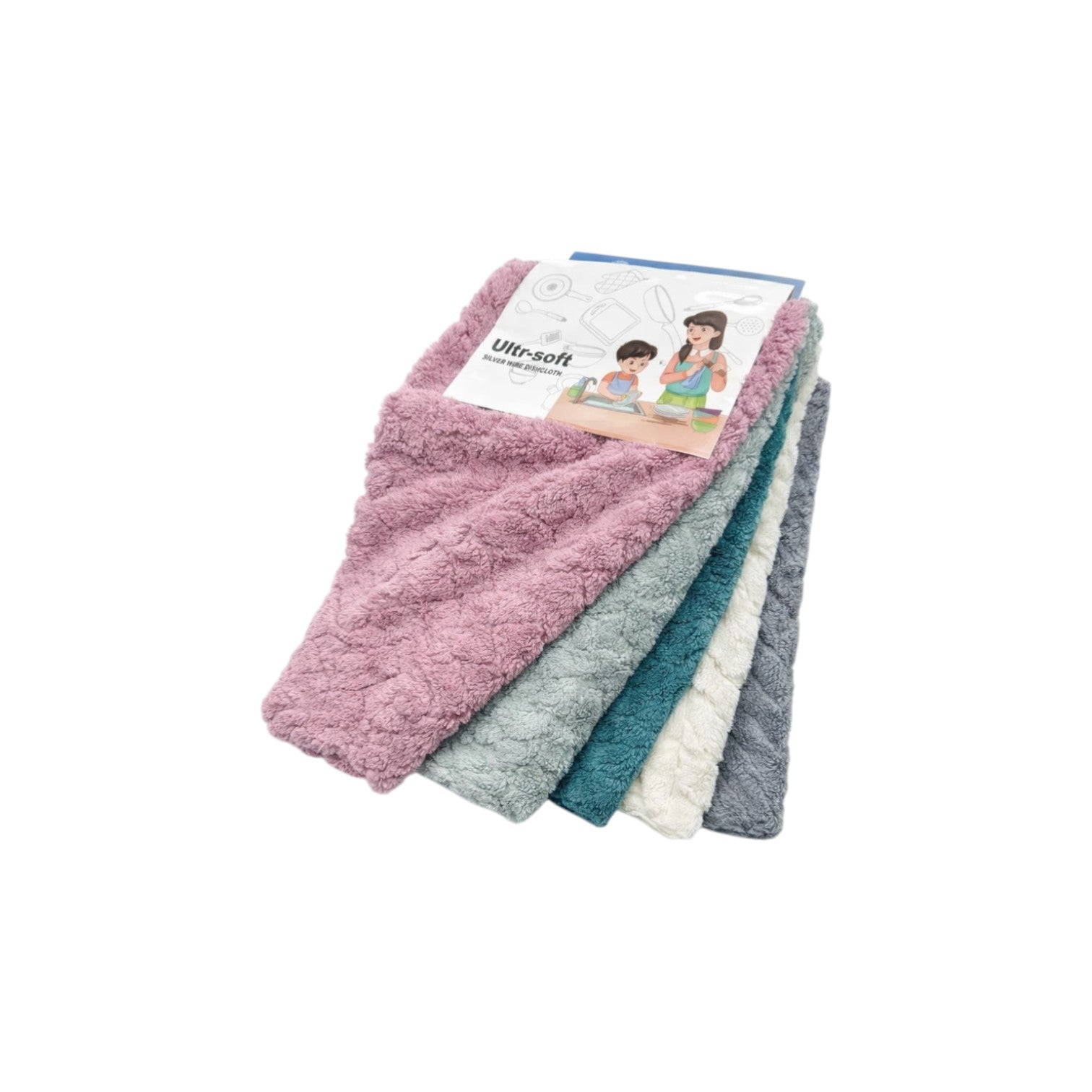 Zidello Ultra-Soft Microfiber Kitchen Towels Pack of 5, highly absorbent reusable dish cloths in multicolor, plush quick-dry cleaning towels for kitchen, dishes, countertops, and home use.