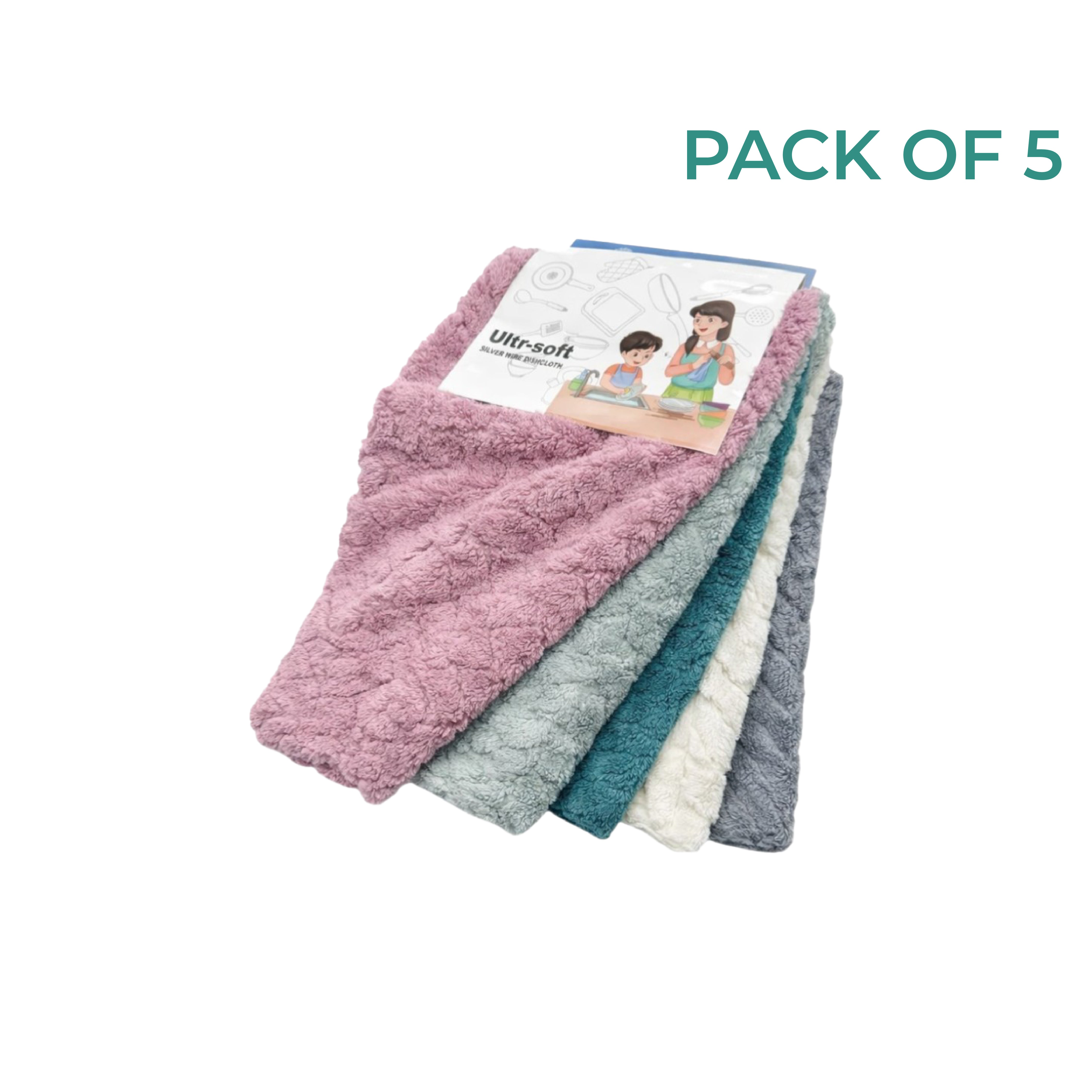 Zidello Ultra-Soft Microfiber Kitchen Towels Pack of 5, highly absorbent reusable dish cloths in multicolor, plush quick-dry cleaning towels for kitchen, dishes, countertops, and home use.