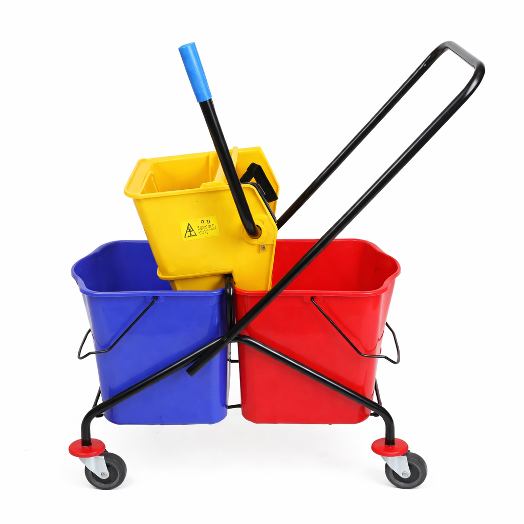 Zidello double mop wringer bucket with dual compartments, heavy-duty wringer, metal handle, caster wheels, and capacity for professional floor cleaning.