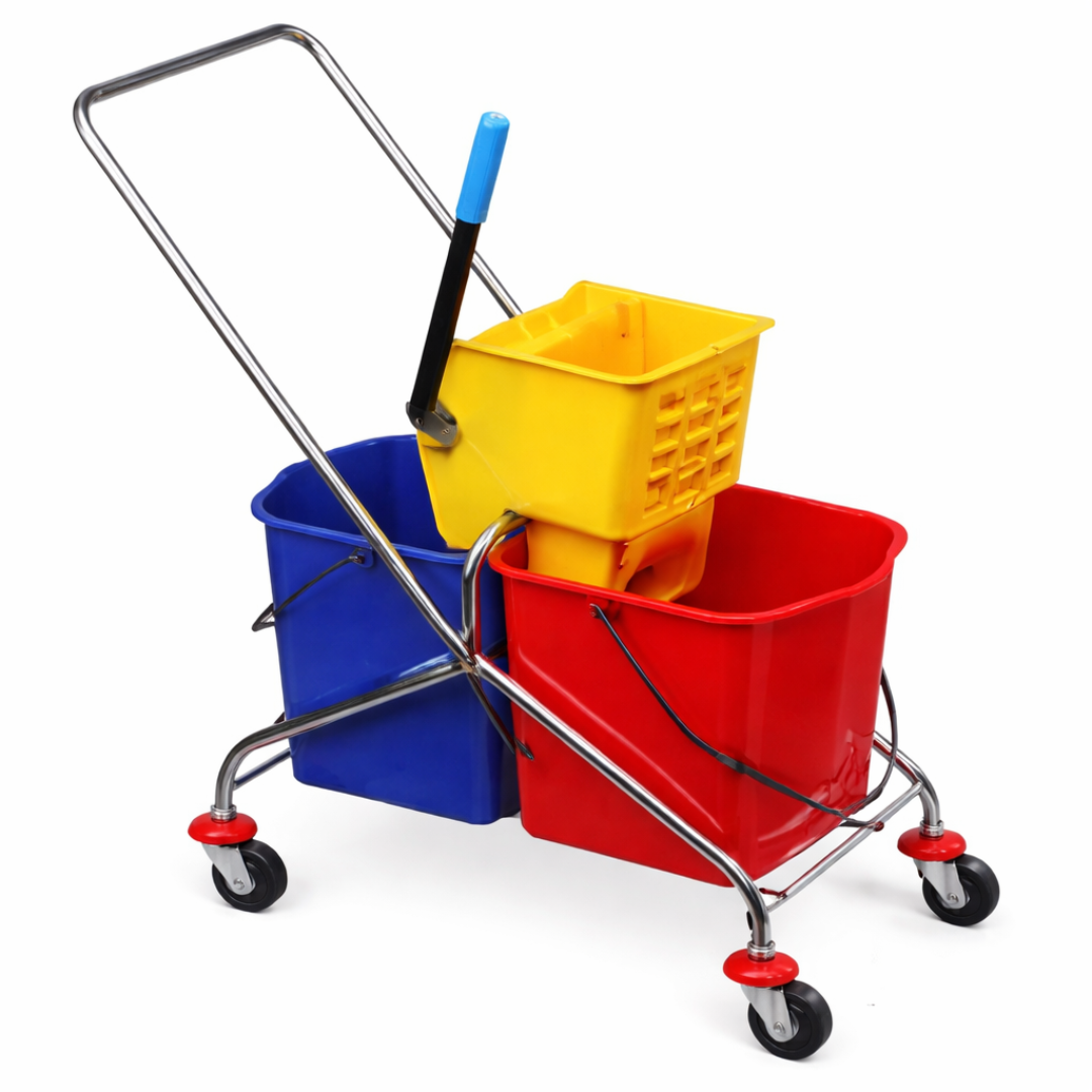 Zidello double mop wringer bucket with dual compartments, heavy-duty wringer, metal handle, caster wheels, and capacity for professional floor cleaning.