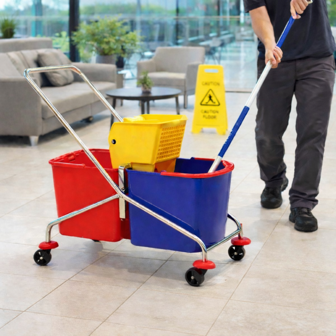 Zidello double mop wringer bucket with dual compartments, heavy-duty wringer, metal handle, caster wheels, and 35L–45L capacity for professional floor cleaning.