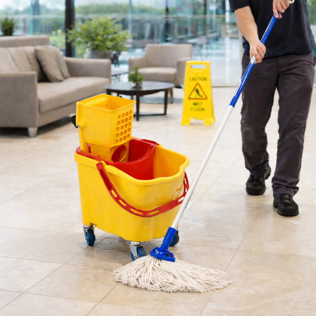 Zidello double mop wringer bucket with dual compartments, heavy-duty wringer, metal handle, caster wheels, and 35L–45L capacity for professional floor cleaning.