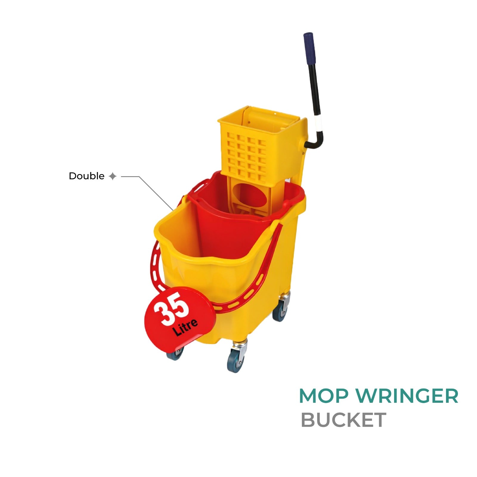 Zidello double mop wringer bucket with dual compartments, heavy-duty wringer, metal handle, caster wheels and capacity of 35L.