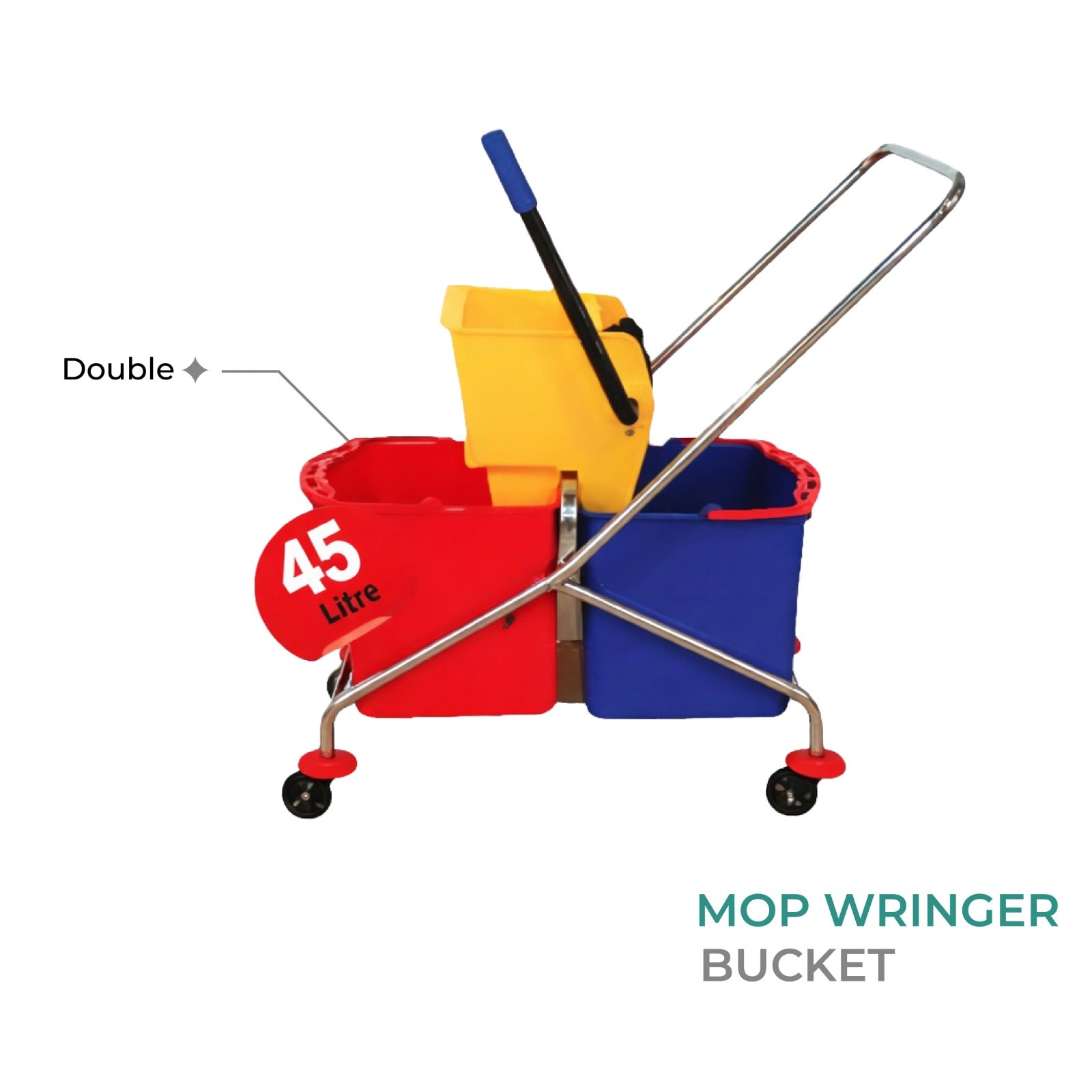 Zidello double mop wringer bucket with dual compartments, heavy-duty wringer, metal handle, caster wheels and capacity of 45L.