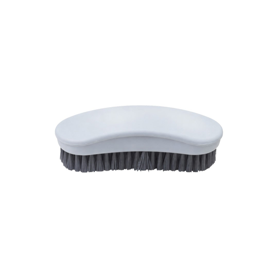 Zidello handheld cleaning scrub brush with ergonomic white grip and durable grey bristles for scrubbing floors, tiles, sinks, and bathroom surfaces.