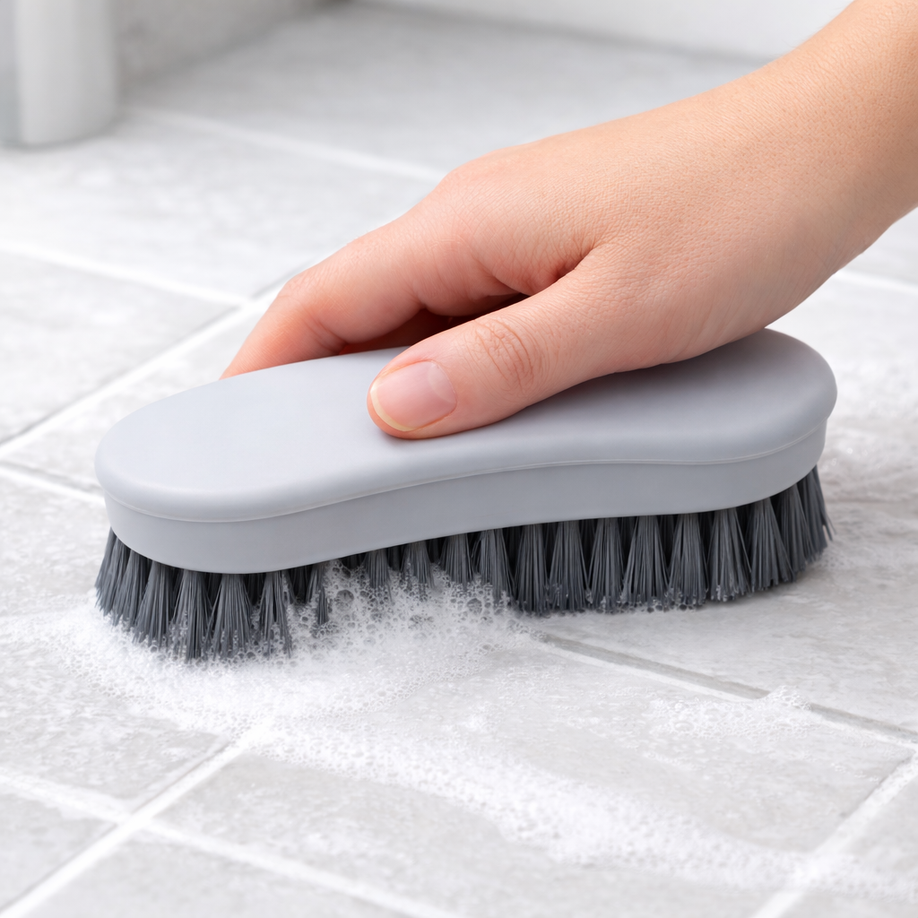 Zidello handheld cleaning scrub brush with ergonomic white grip and durable grey bristles for scrubbing floors, tiles, sinks, and bathroom surfaces.