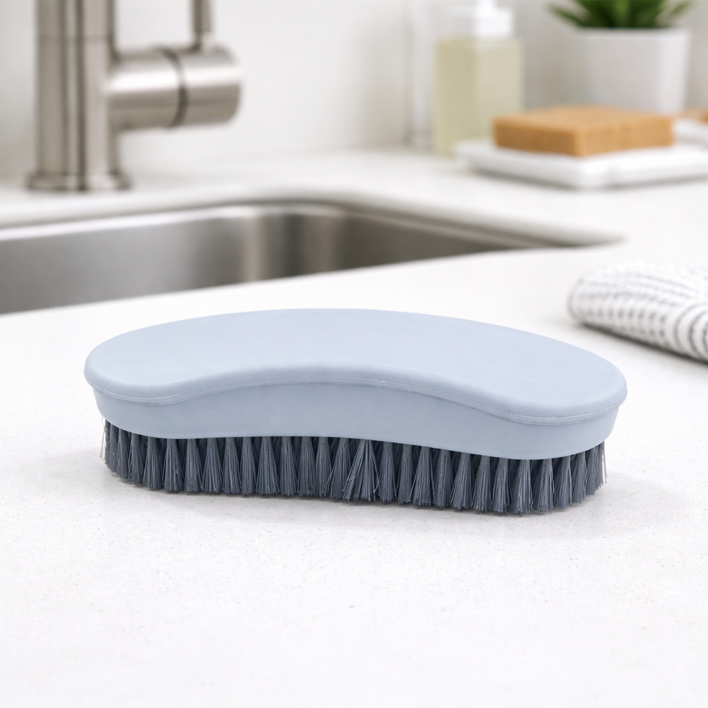 Zidello handheld cleaning scrub brush with ergonomic grip and durable grey bristles for scrubbing floors, tiles, sinks, and bathroom surfaces.