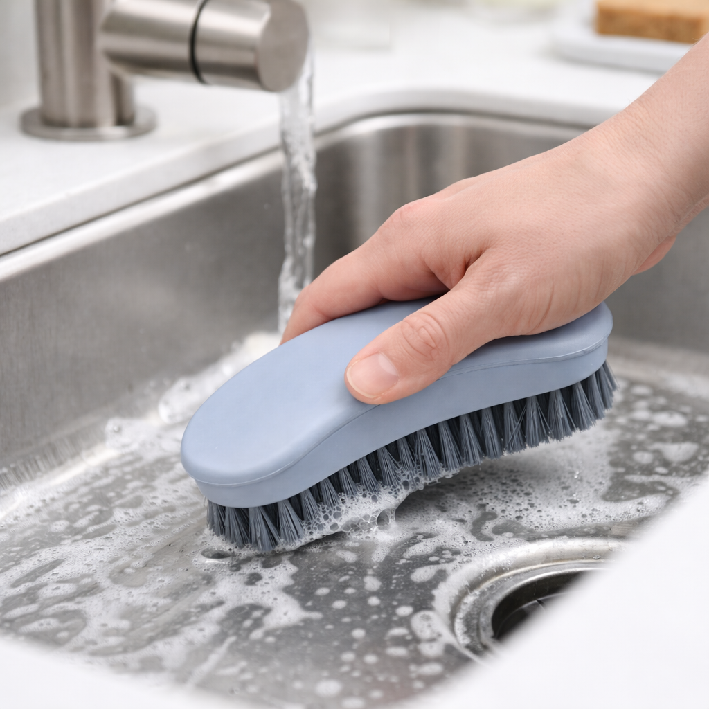 Zidello handheld cleaning scrub brush with ergonomic white grip and durable grey bristles for scrubbing floors, tiles, sinks, and bathroom surfaces.
