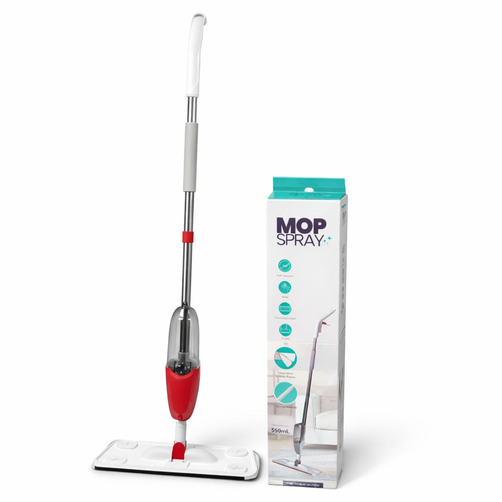 Zidello heavy-duty spray mop with refillable water bottle and flat microfiber mop head spraying cleaning solution on a wooden floor for easy home floor cleaning.