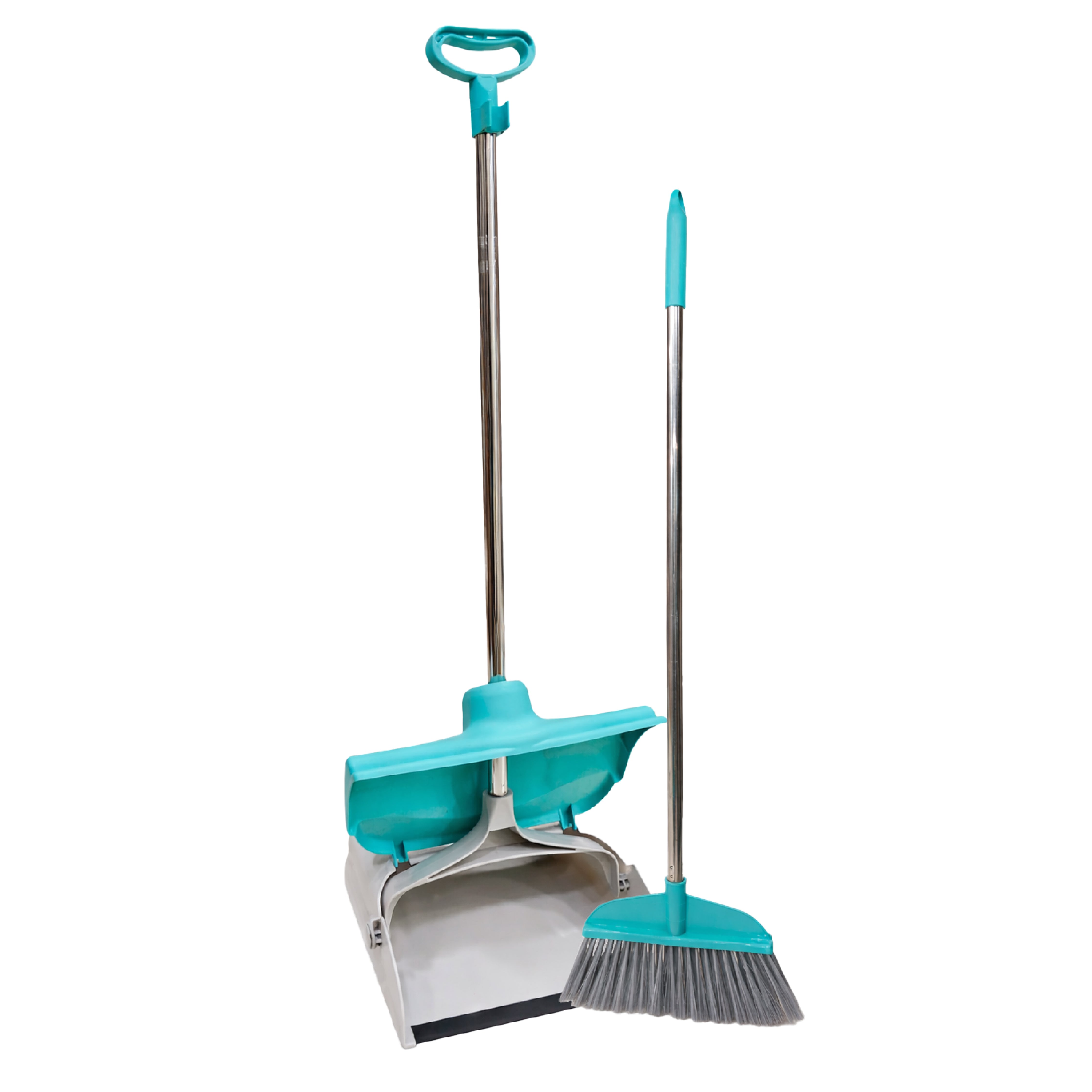 Zidello long-handle broom and folding dustpan set with stainless steel handles, teal plastic heads, and grey bristles for easy floor sweeping and upright storage.