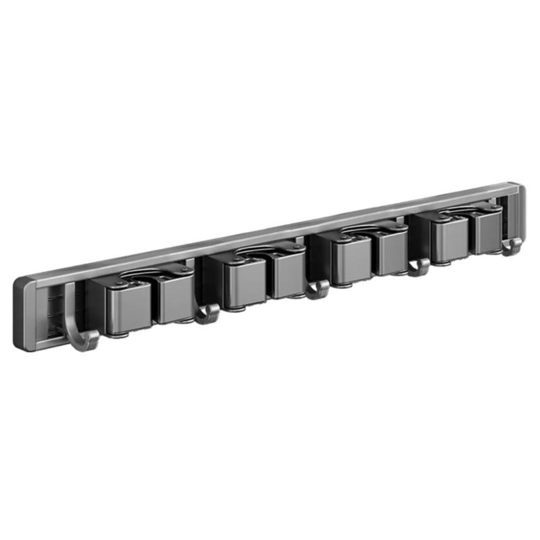 Zidello wall-mounted mop and broom holder with durable grip clips and hanging hooks for organizing cleaning tools, space-saving design, strong hold, ideal for kitchen, bathroom, or utility area