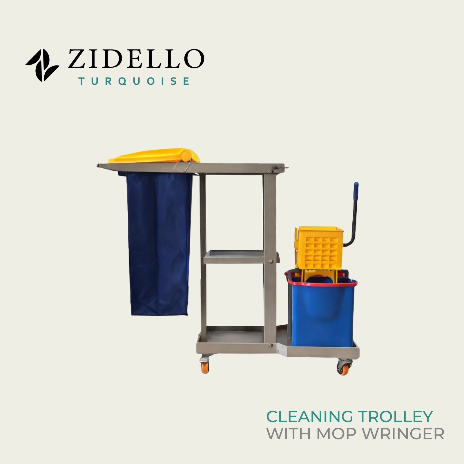 Commercial cleaning trolley with mop bucket and built-in wringer for efficient floor cleaning.