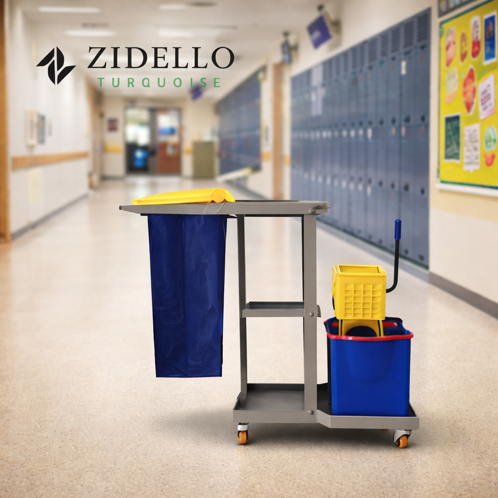 Commercial cleaning trolley with mop bucket and built-in wringer for efficient floor cleaning.