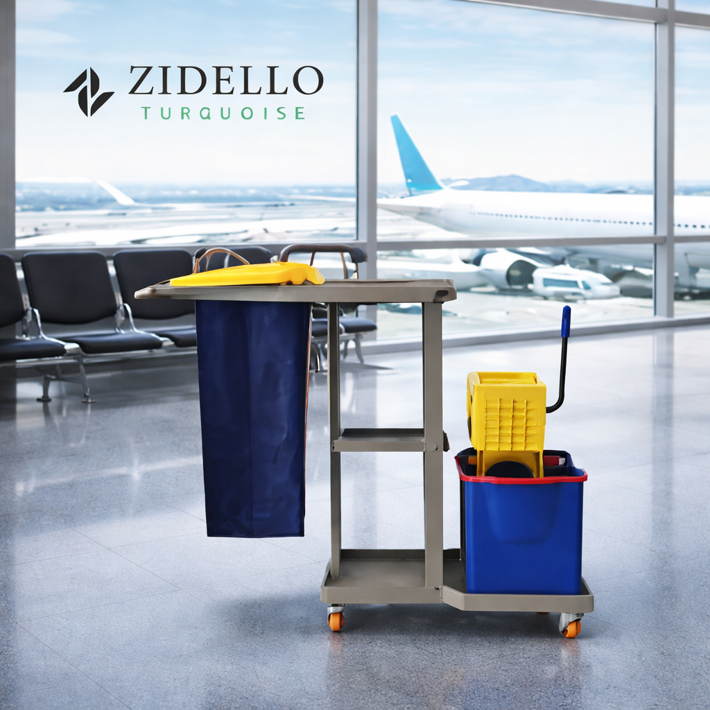 Commercial cleaning trolley with mop bucket and built-in wringer for efficient floor cleaning.