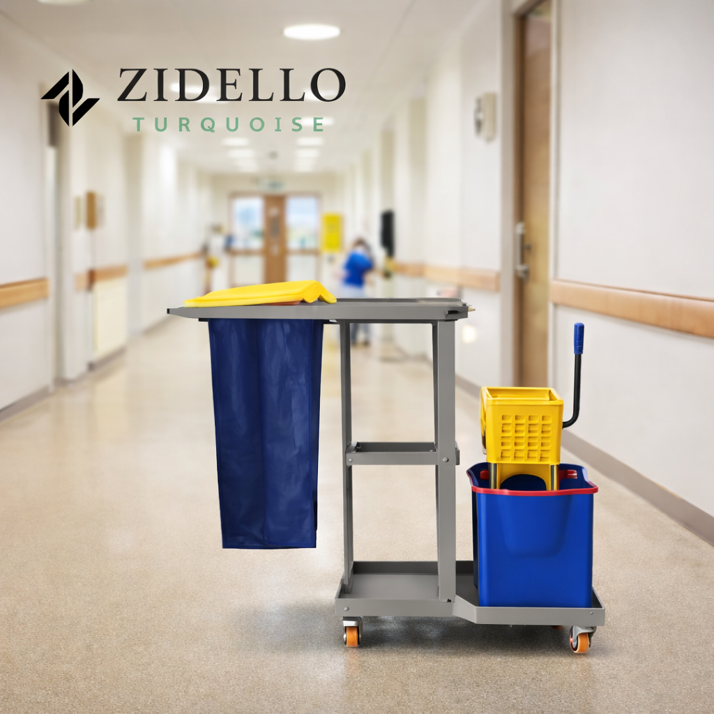 Commercial cleaning trolley with mop bucket and built-in wringer for efficient floor cleaning.
