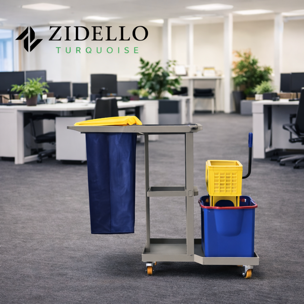 Commercial cleaning trolley with mop bucket and built-in wringer for efficient floor cleaning.