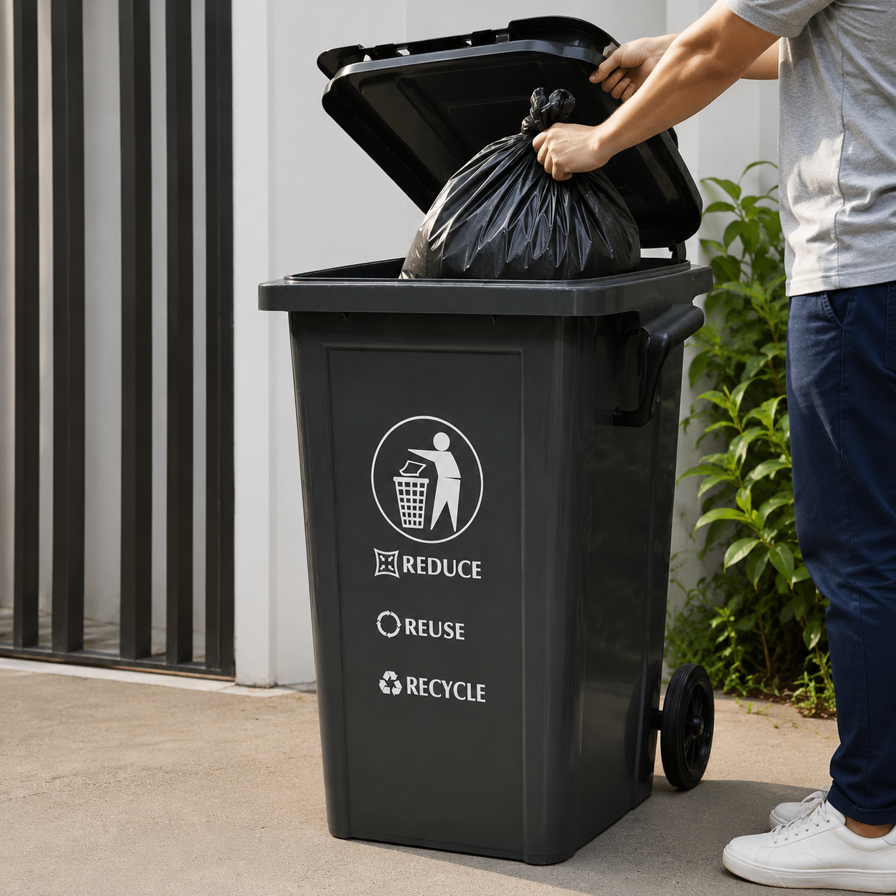 Zidello 100L grey plastic wheel bin with lid and two wheels for waste management