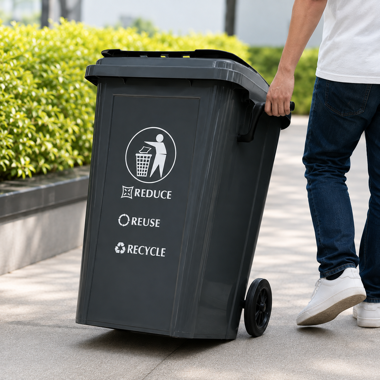Zidello 100L grey plastic wheel bin with lid and two wheels for waste management