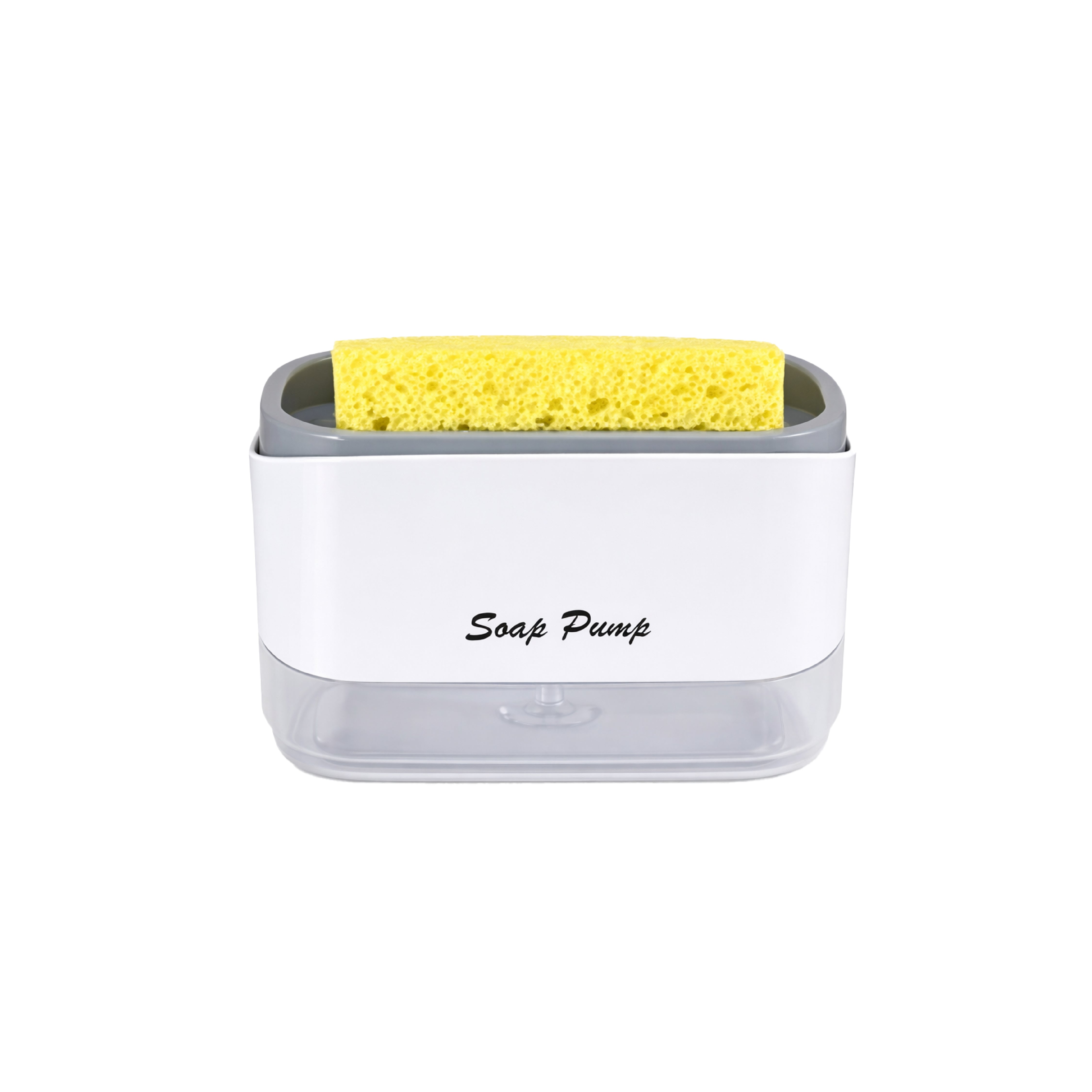 Soap dispenser with built-in sponge holder for a clutter-free sink.