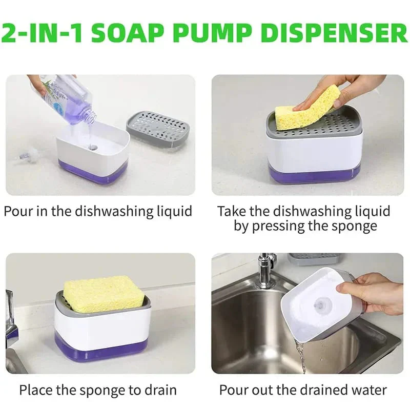 Soap dispenser with built-in sponge holder for a clutter-free sink.
