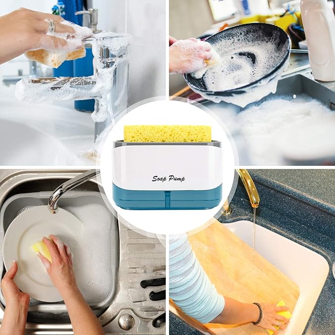 Soap dispenser with built-in sponge holder for a clutter-free sink.
